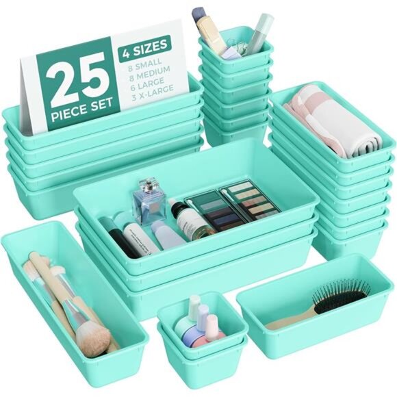 25 PCS Drawer Organizer Set Plastic Vanity Makeup Desk Bathroom Storage Trays Bl - Picture 1 of 8